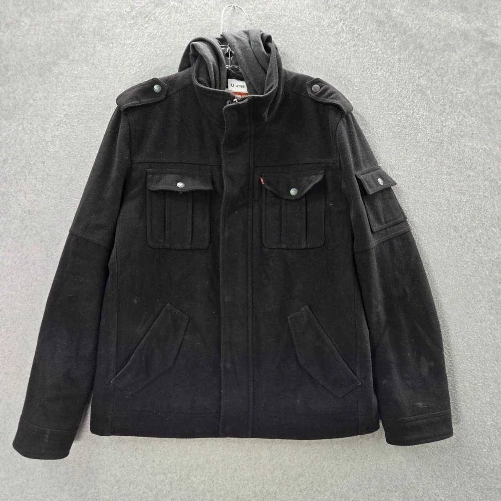 Levi's Men Jacket L Black Military Quilted Lined Hooded Wool Blend Full Zip READ